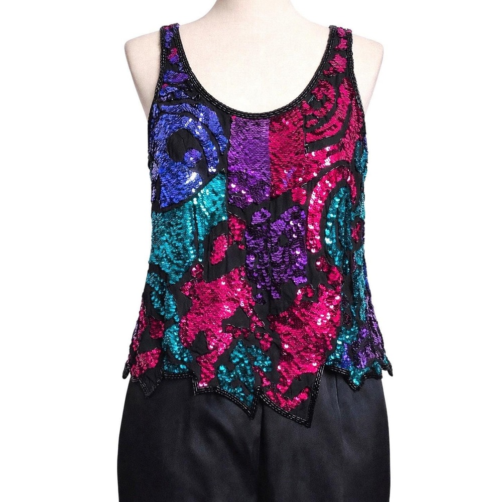 Multicolor Sequin Silk Party Top 90s Glam Beaded Tank L Vintage‎ Nite Line